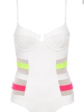 Vetchy White One-Piece Swimsuit with Neon Accent Stripes